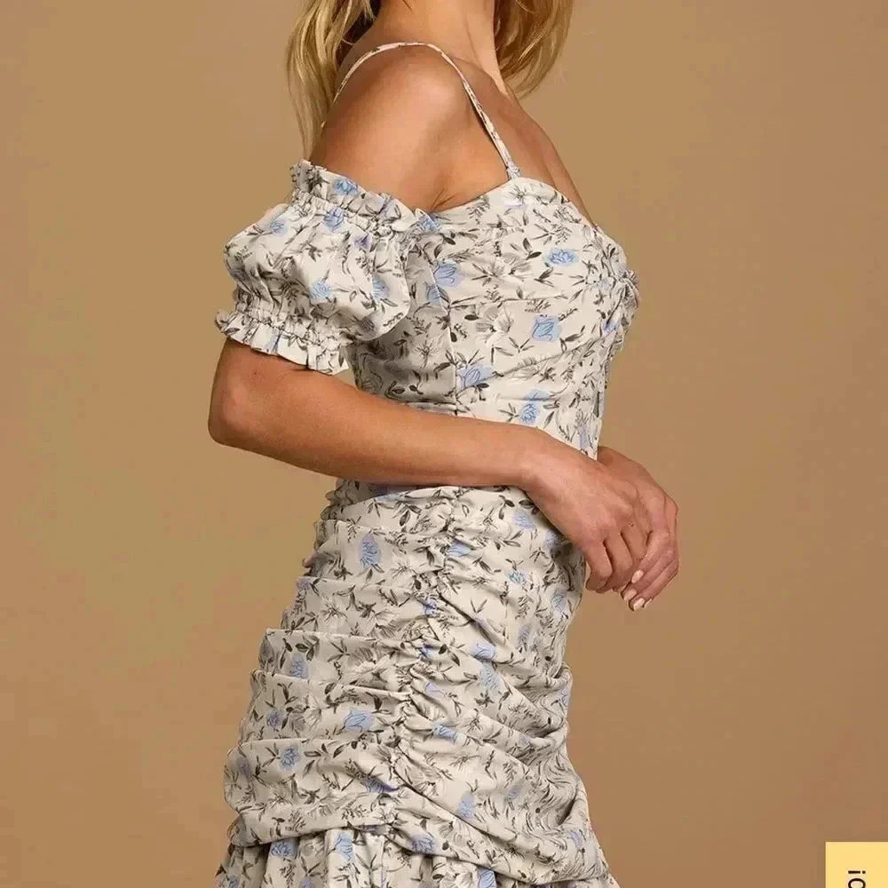 NWT Lulus S Not Just a Crush Taupe Floral Ruched Off the Shoulder Mini Dress Sm - Picture 7 of 16